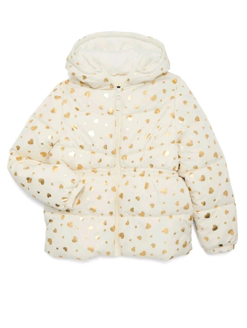 Cream Puffer Jacket with Gold Heart Print